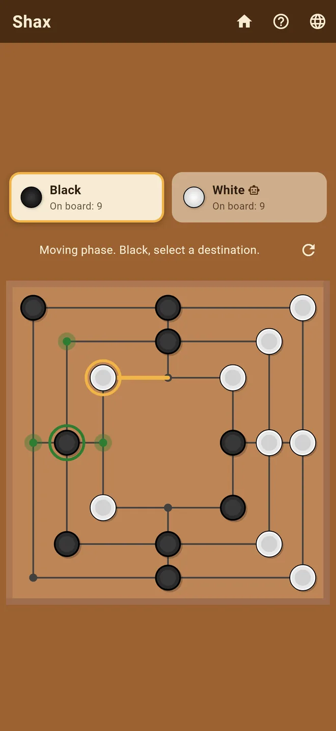 A game in progress, with green dots showing where the selected piece can move